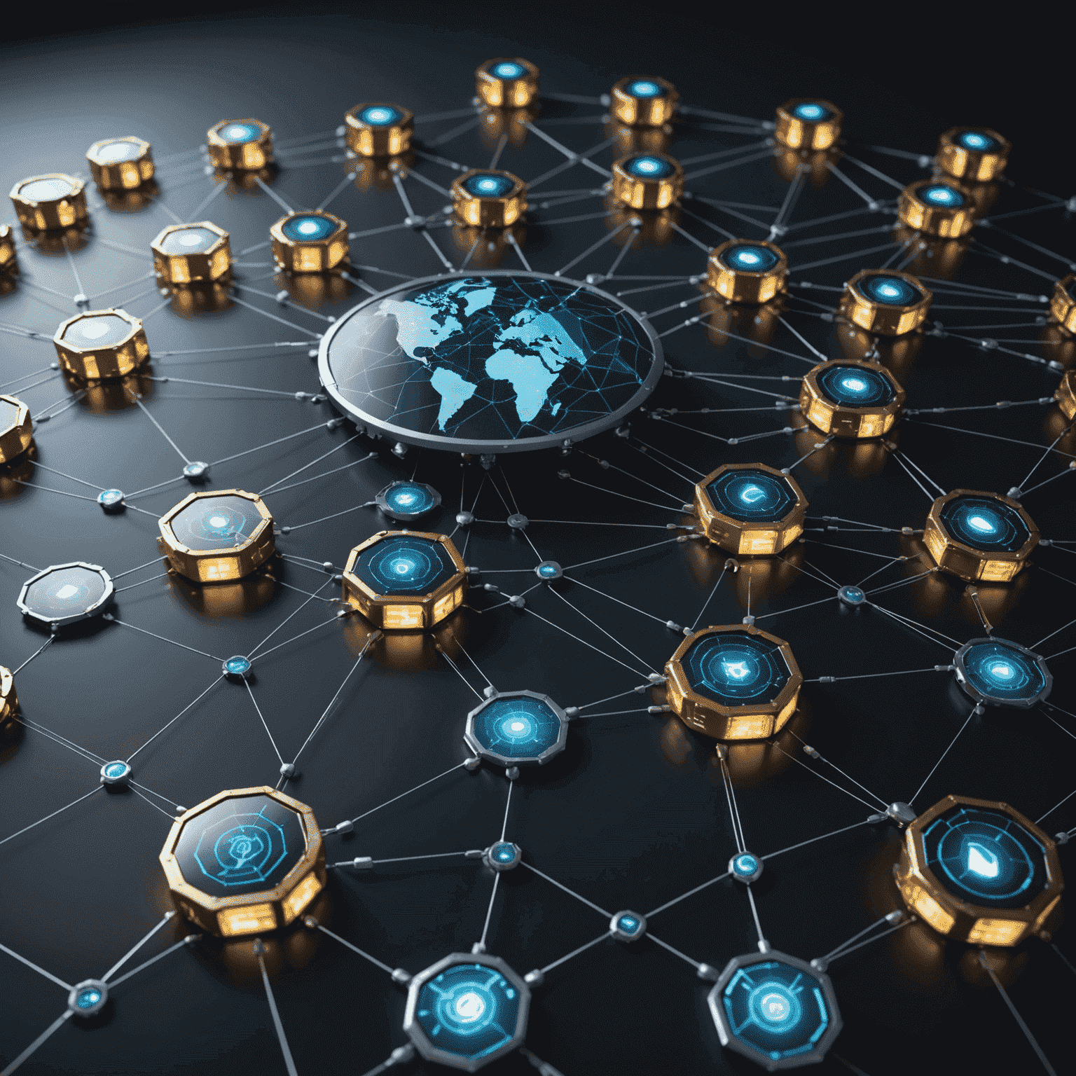 A futuristic visualization of fraud prevention technologies, showing a network of interconnected nodes with shields and locks, representing various security measures against cyber threats.