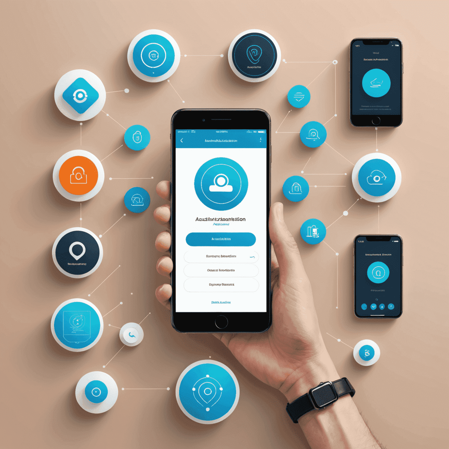 Illustration of various authentication methods including push notifications, hardware tokens, and biometric scans