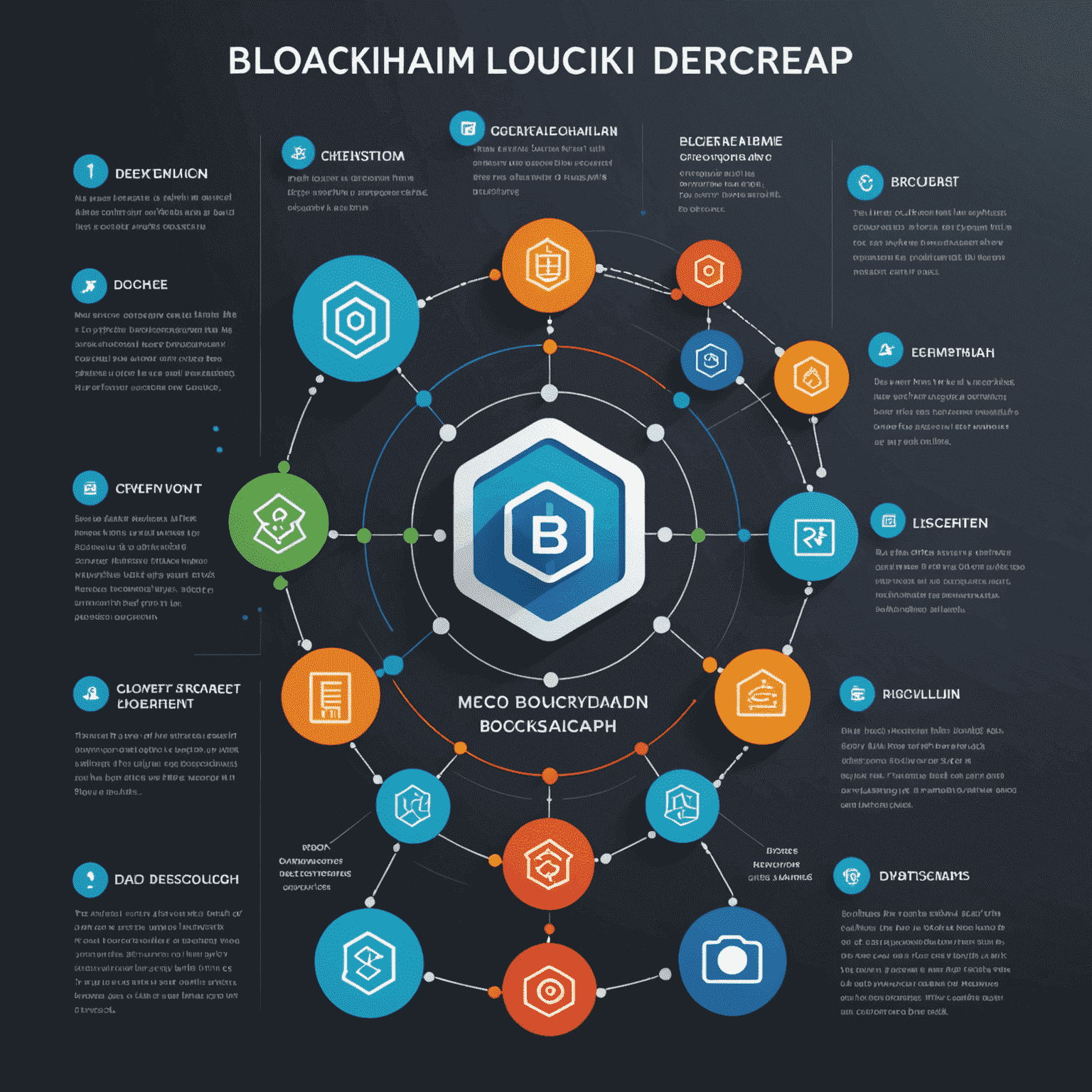 Infographic showing how blockchain technology secures and manages digital identities, with visual representations of data blocks, cryptographic keys, and user wallets