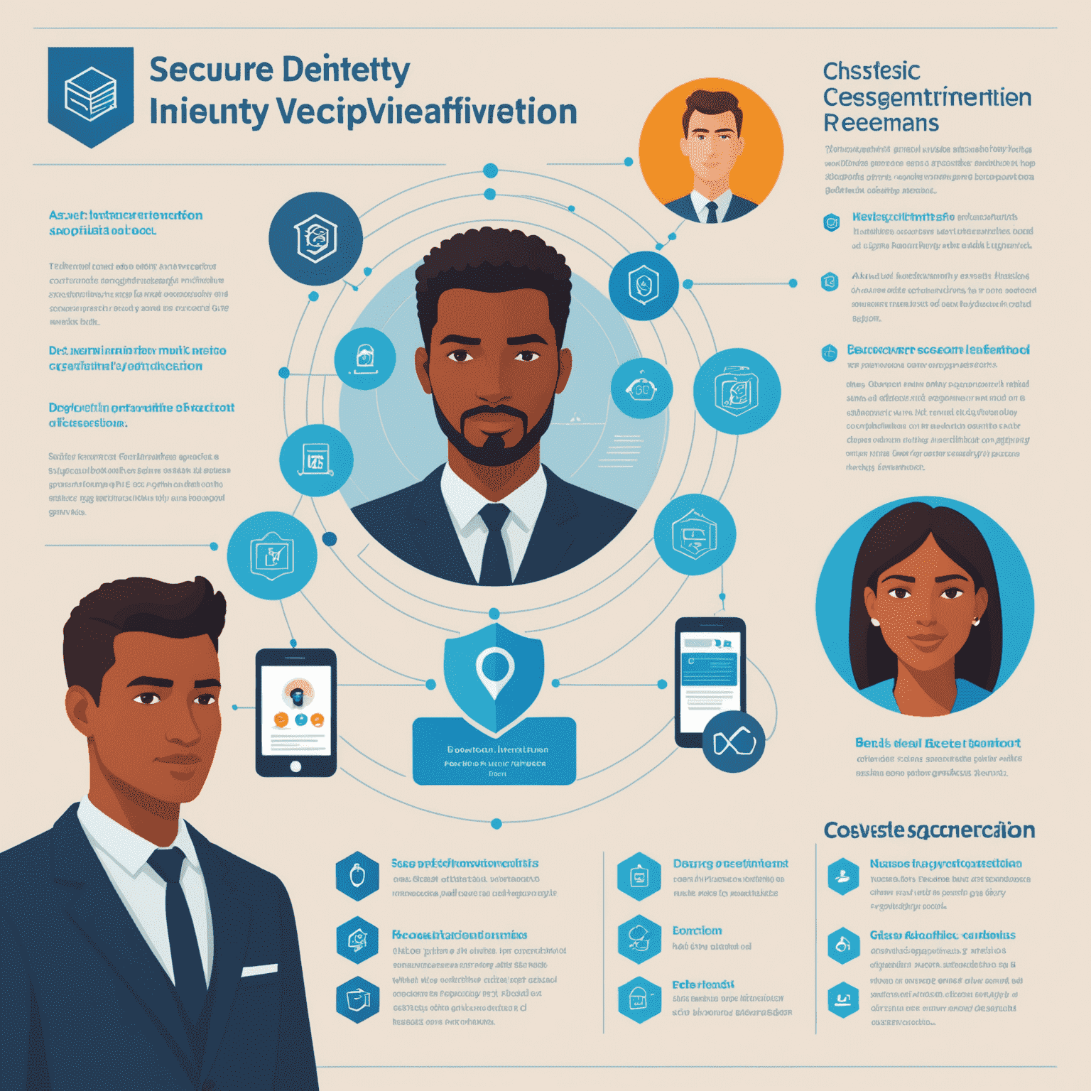 An infographic showing the steps of a secure identity verification process, including facial recognition, document scanning, and multi-factor authentication.
